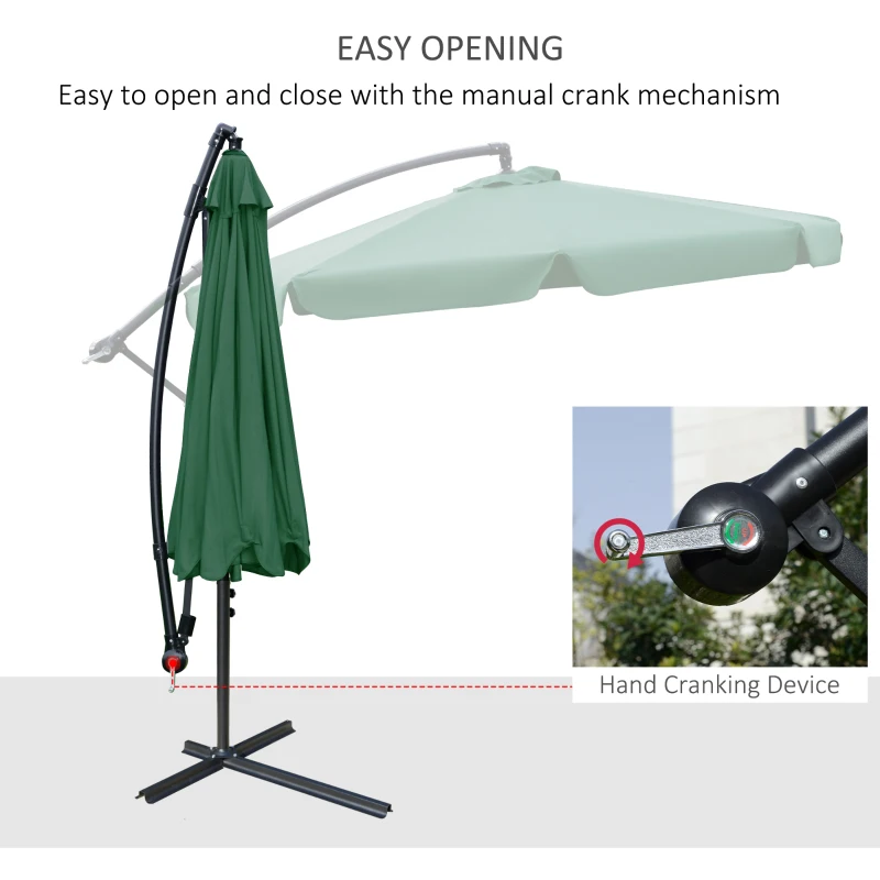 Outsunny 2.7m Garden Banana Parasol Cantilever Umbrella with Crank Handle and Cross Base for Outdoor, Hanging Sun Shade, Green