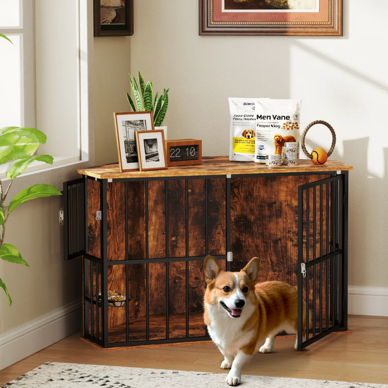 PawHut Corner Dog Crate Furniture with Two Bowls, Lockable Doors, for Small, Medium Dogs, Rustic Brown