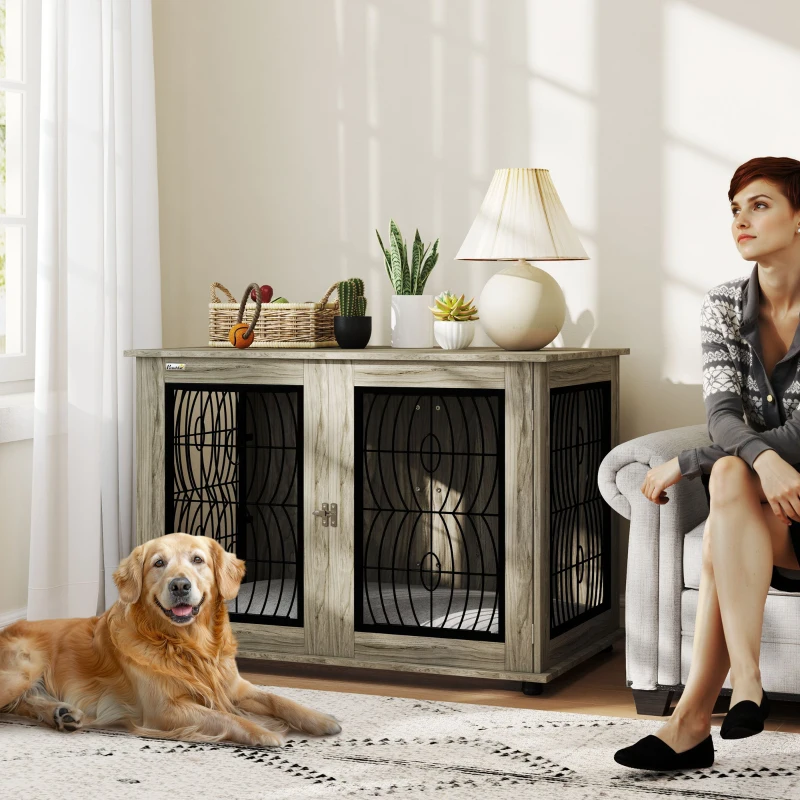 PawHut Indoor Dog Crate Furniture End Table with Soft Washable Cushion, Lockable Front Door, for Extra Large Dogs - Grey