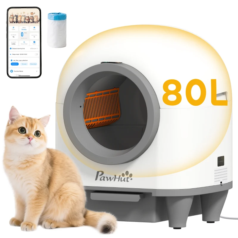 PawHut 80L Extra Large Self Cleaning Cat Litter Tray with APP Control, Safety Protection, Odor Removal, Rubbish Bag for Multiple Kittens