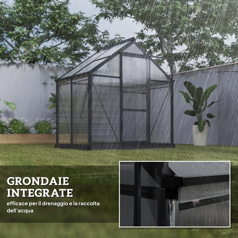 Outsunny Serra da Giardino in Policarbonato e Alluminio con Porta Scorrevole e Finestra, 190x132x201 cm, Grigio