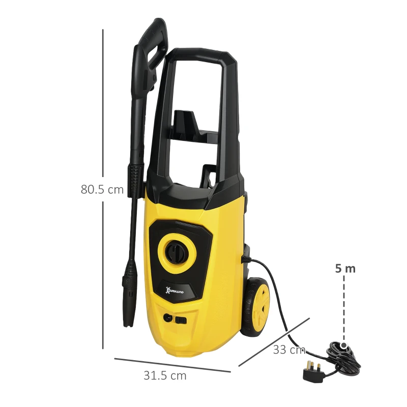 DURHAND 1800W High Pressure Washer, 150 Bar Pressure, 510 L/h Flow, High-Performance Portable Power Washer Jet Wash Cleaner with 6M Hose, Snow Foam Bottle for Garden, Car, Furniture, Yellow