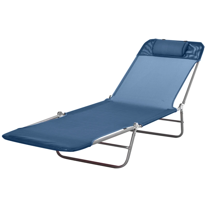 Outsunny Folding Sun Lounger with Head Pillow - Dark Blue