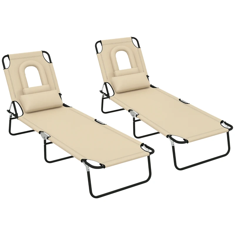 Outsunny Folding Sun Loungers Set of 2 with Face Hole, 4-Position Adjustable Backrest Garden Recliner Chairs Sunbeds, Outdoor Lounge Chairs with 600 D Oxford Cloth Seat, Pillow for Beach, Sand