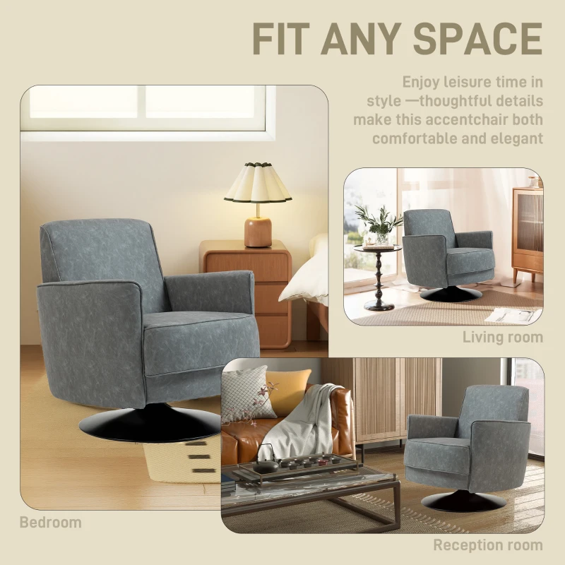 HOMCOM Upholstered Swivel Accent Chair with Thick Padding, Grey