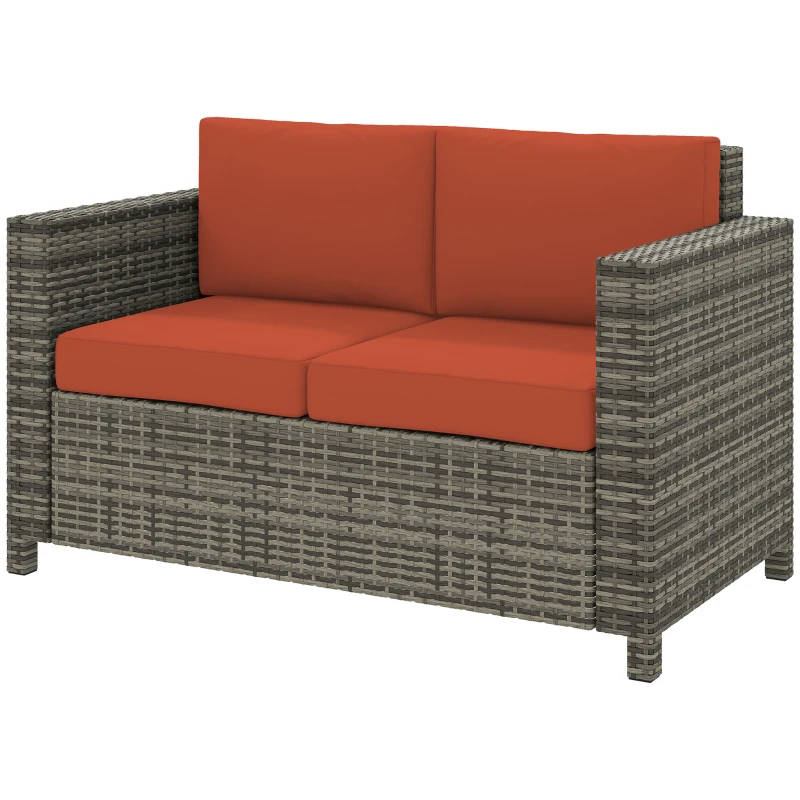 Outsunny Rattan Sofa, 2 Seater Garden Furniture with Soft Padded Cushion and Armrests, Wicker Garden Loveseat for Patio, Grey