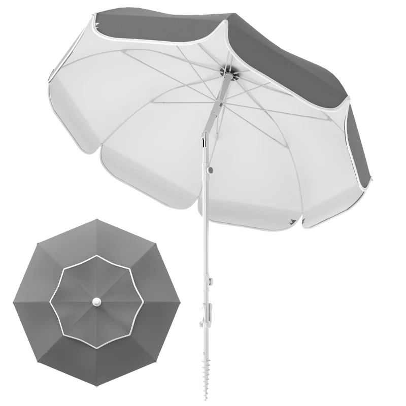 Outsunny Beach Umbrella Portable with Sand Anchor, Carry Bag, Adjustable Height & Tilt, UPF50+ UV Protection, Grey