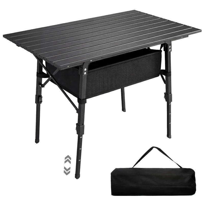 Outsunny Folding Camping Table, 90 x 55 cm Height Adjustable Portable Collapsible Table, 3ft Lightweight Aluminium Rollup Picnic Table with Storage Basket for Outdoor Garden Party BBQ, Black