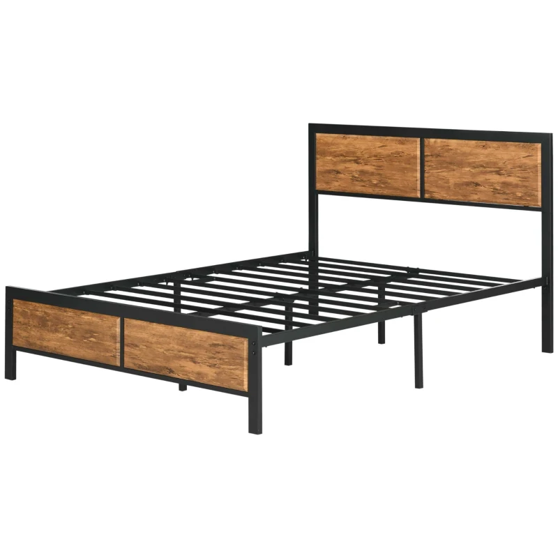 HOMCOM Industrial Double Bed Frame, 5FT Steel Bed Base with Headboard, Footboard, Slatted Support and Under Bed Storage, 142 x 195cm, Rustic Brown
