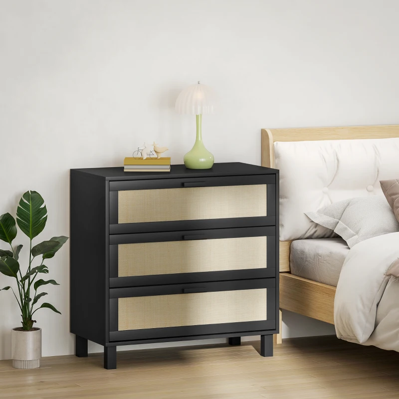 HOMCOM Rattan Bedroom Chest of Drawers, 3 Drawers Storage Unit, Boho Dresser for Living Room, Hallway, Black