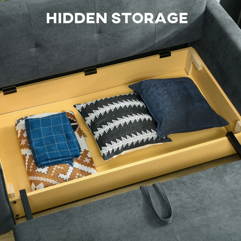 HOMCOM 2 Seater Sofa Bed with Hidden Storage, Pull Out Convertible Bed Settee, Modern Snow Flannel Loveseat Sofa Sleeper with 2 Cushions for Living Room, Guest Room, Dark Grey