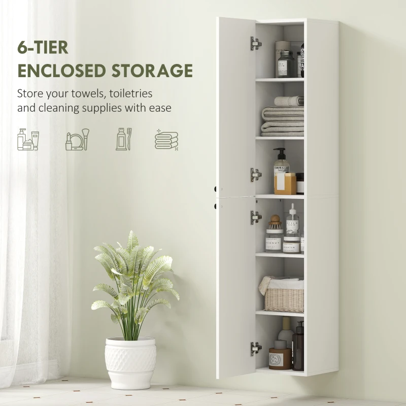 HOMCOM Wall Mounted Tall Bathroom Storage Cabinet with Soft-Close Hinges, Slim Bathroom Cabinet with 2 Doors, White
