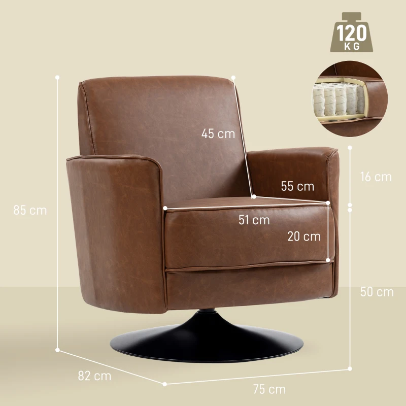 HOMCOM Upholstered Swivel Accent Chair with Thick Padding, Brown