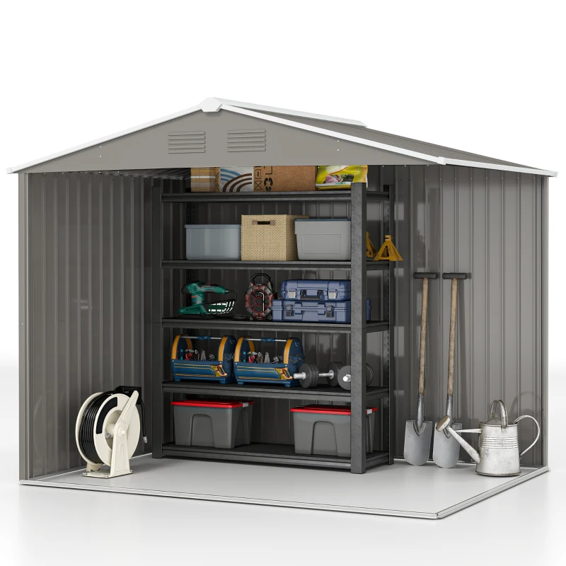 Outsunny 8 x 6ft Outdoor Garden Storage Shed, Metal Tool House with Ventilation and Sliding Doors, Light Grey