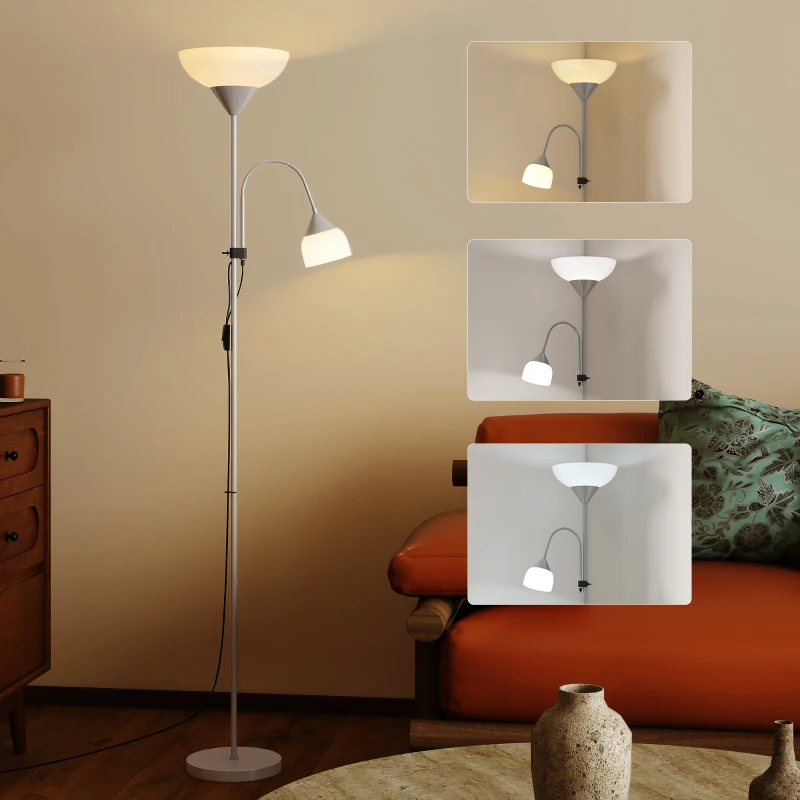 HOMCOM LED Floor Lamp for Living Room, 180cm Tall Standing Lamp, Mother and Child Uplighter with Adjustable Gooseneck, 3000K/4500K/6500K Colour Temperatures, Silver Tone