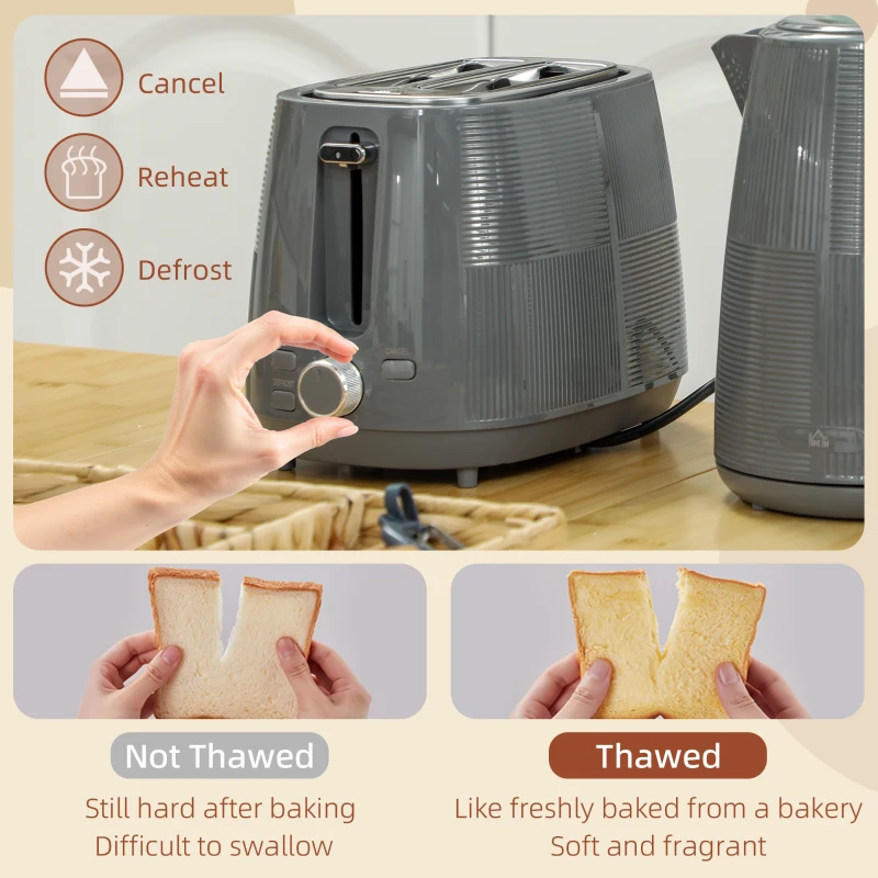 HOMCOM Kettle and Toaster Set, 1.7L 3000W Fast Boil Kettle & 2 Slice Toaster Kitchen Set with 7 Level Browning Controls, Defrost, Reheat, Boil-dry Protection, Grey