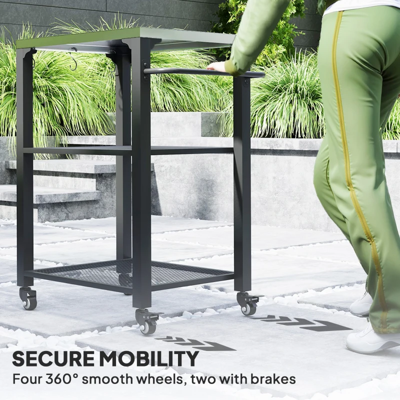Outsunny Three-Shelf Outdoor Grill Cart with Stainless Steel Top, Outdoor Kitchen Island with 4 Wheels, 3 Hooks, Movable Food Prep Barbecue Pizza Oven Table for Kitchen, Garden, 65.5 x 41 x 79 cm