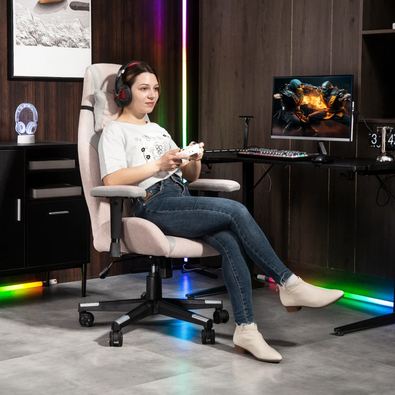 HOMCOM Fabric Gaming Chair with Lumbar Support, Headrest - Pale Pink