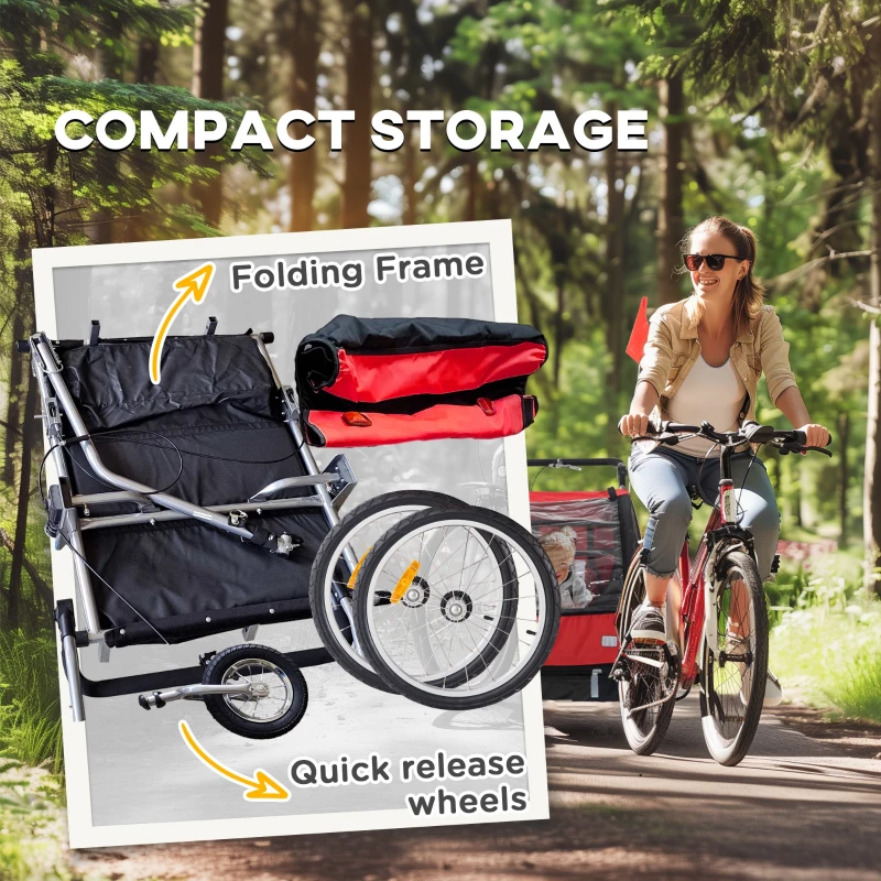 HOMCOM 2 Seat Bike Trailer with 5 Point Harness, Baby Bike Stroller with Safety Flag, Reflectors, for 18+ Months, Red