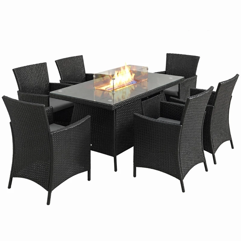 Outsunny 7 Pieces Outdoor Rattan Garden Furniture with Fire Pit Table, 6 Seater Garden Table and Chairs with Cushions, Rattan Dining Set with Propane Heater Table, Windscreen, 50,000 BTU, Black