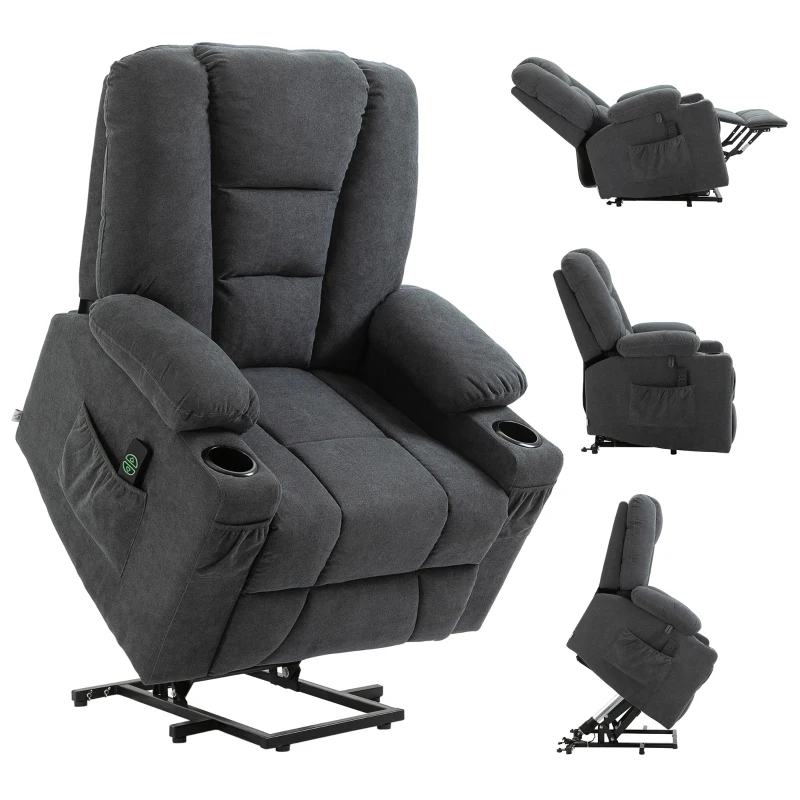 HOMCOM Oversized Riser and Recliner Chair for the Elderly, Fabric Upholstered Lift Chair for Living Room with Remote Control, Side Pockets, Cup Holder, Charcoal Grey