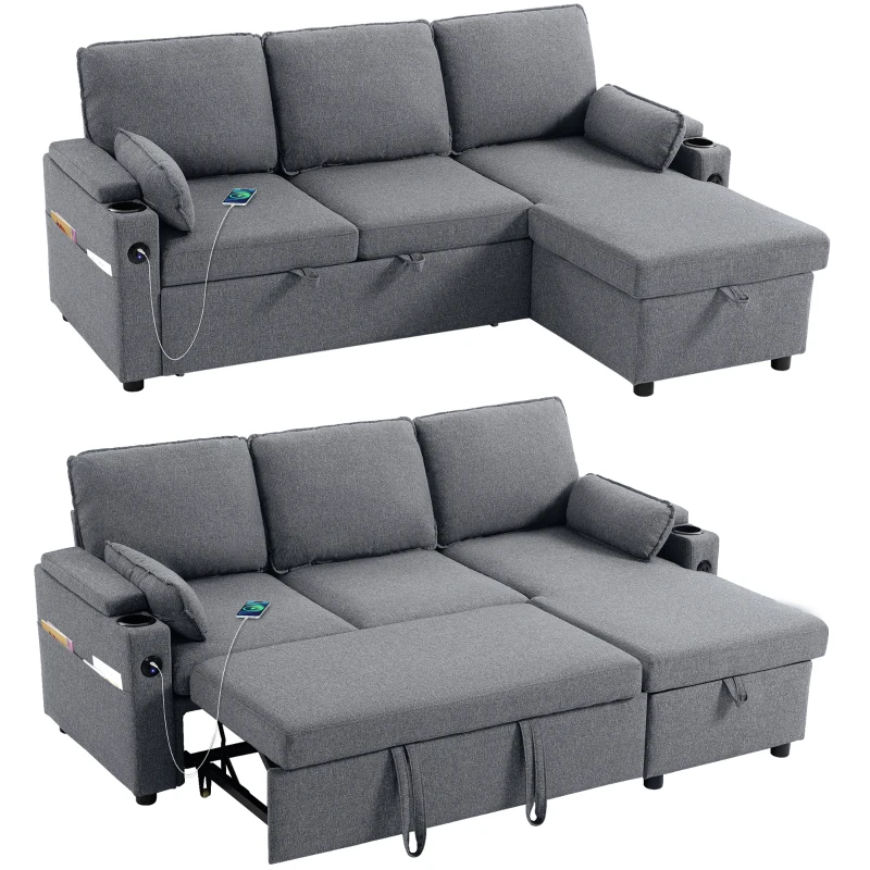 HOMCOM Corner Sofa Bed, L Shaped Sleeper Sectional Sofa with Reversible Storage Chaise, Grey