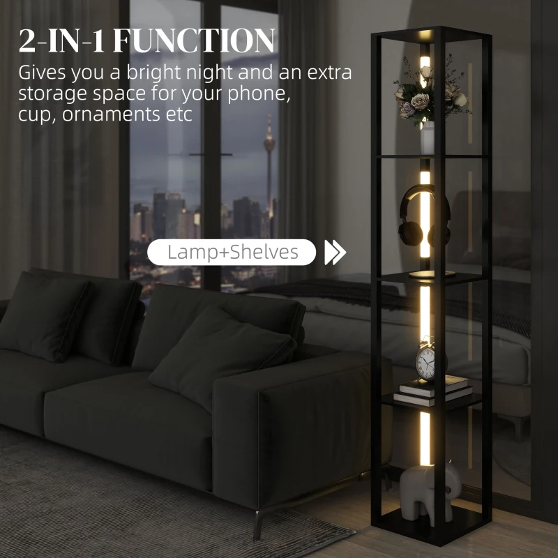 HOMCOM LED Floor Lamp with Shelves, Modern Dimmable Standing Lamp with 3 Brightness Levels and Foot Switch for Living Room, Bedroom, Office, Black