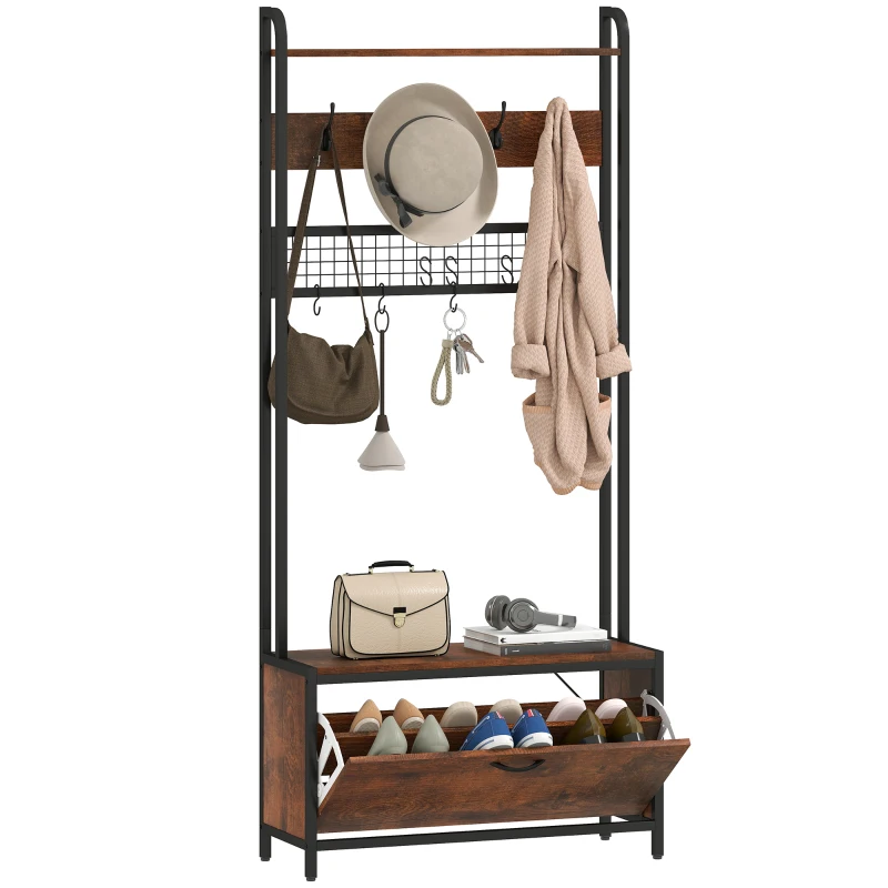 HOMCOM 5-In-1 Industrial-Style Hallway Tree - Brown/Black