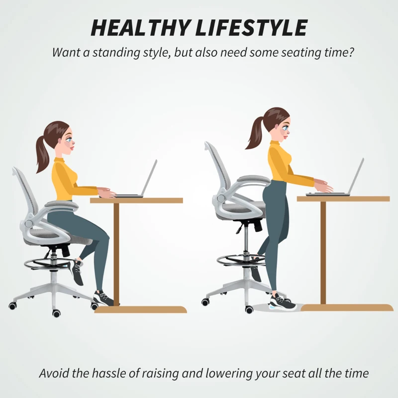 Vinsetto Drafting Chair with Flip-up Armrest, Mesh Office Stool with Foot Ring, 360 Degree Swivel Height Adjustable Chair for Standing Desk, Light Grey