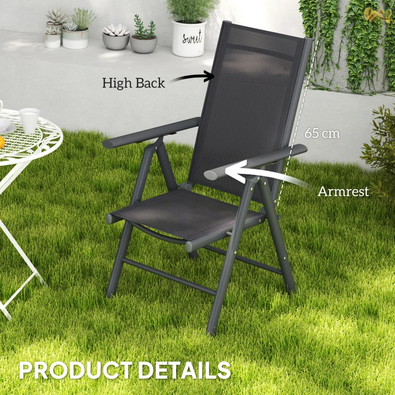Outsunny Set of 2 Folding Garden Chairs, Aluminium Frame Outdoor Dining Chairs with Breathable Mesh Back and Seat, Garden Folding Chair Set with Armrests for Balcony, Dark Grey