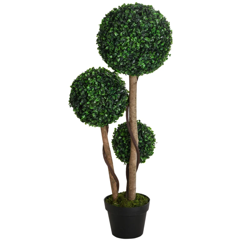 HOMCOM Decorative Artificial Tree Boxwood Ball Topiary Tree in Pot, Fake Plant for Home Indoor Outdoor Decor, 90 cm, Dark Green