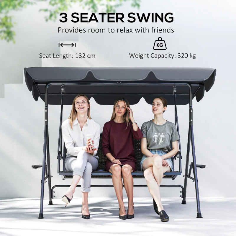 Outsunny 3 Seater Swing Chair, Garden Swing Seat Bench with Adjustable Canopy, Rattan Seat and Steel Frame for Patio, Yard, Grey