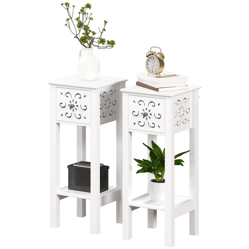 HOMCOM Set of Two Elegant Floral Cut-Out Side Tables - White