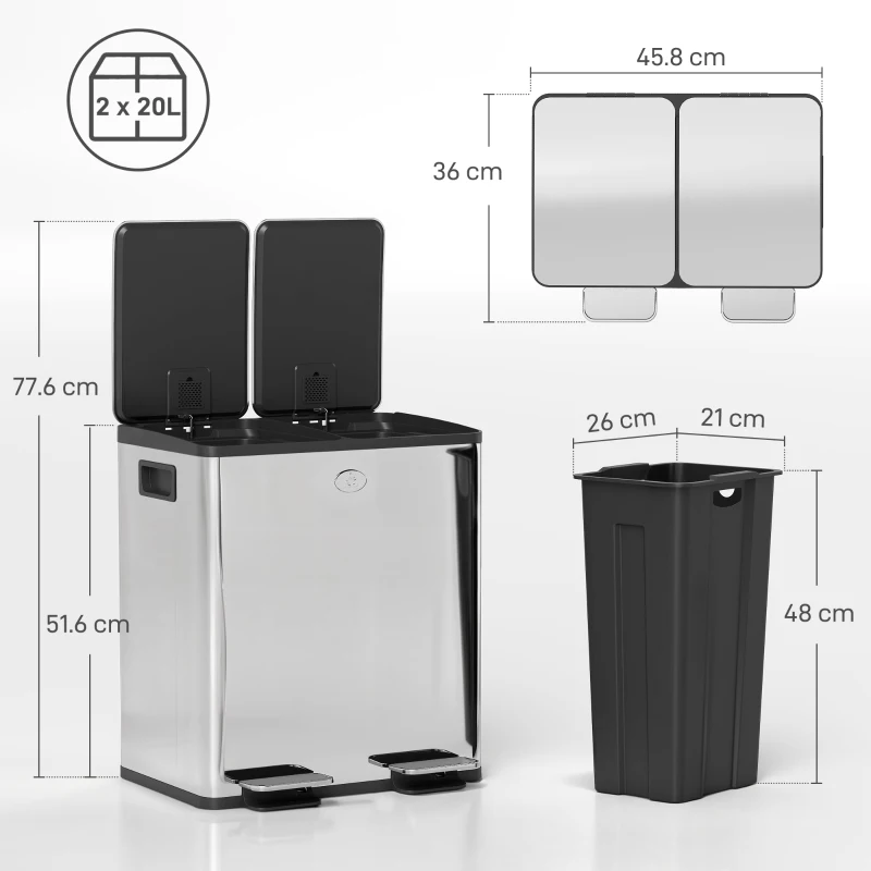 HOMCOM 40L Dual Compartment Stainless Steel Bin, with Deodoriser Holders - Silver Tone