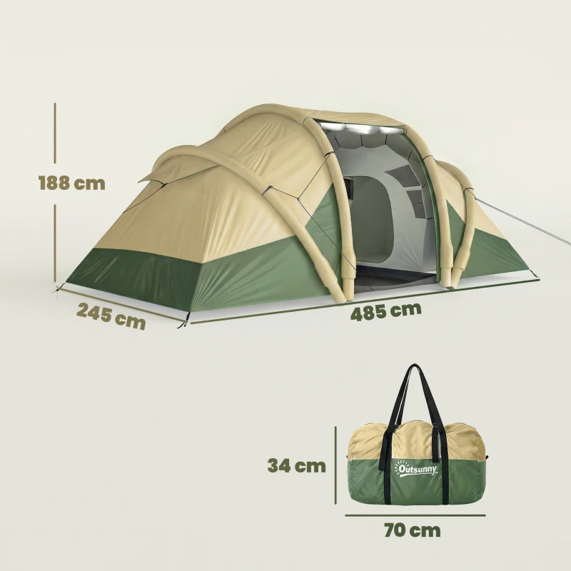 Outsunny Inflatable Tent 2 Bedroom Tunnel Design Windproof Air Tent with Carry Bag for 4 Person