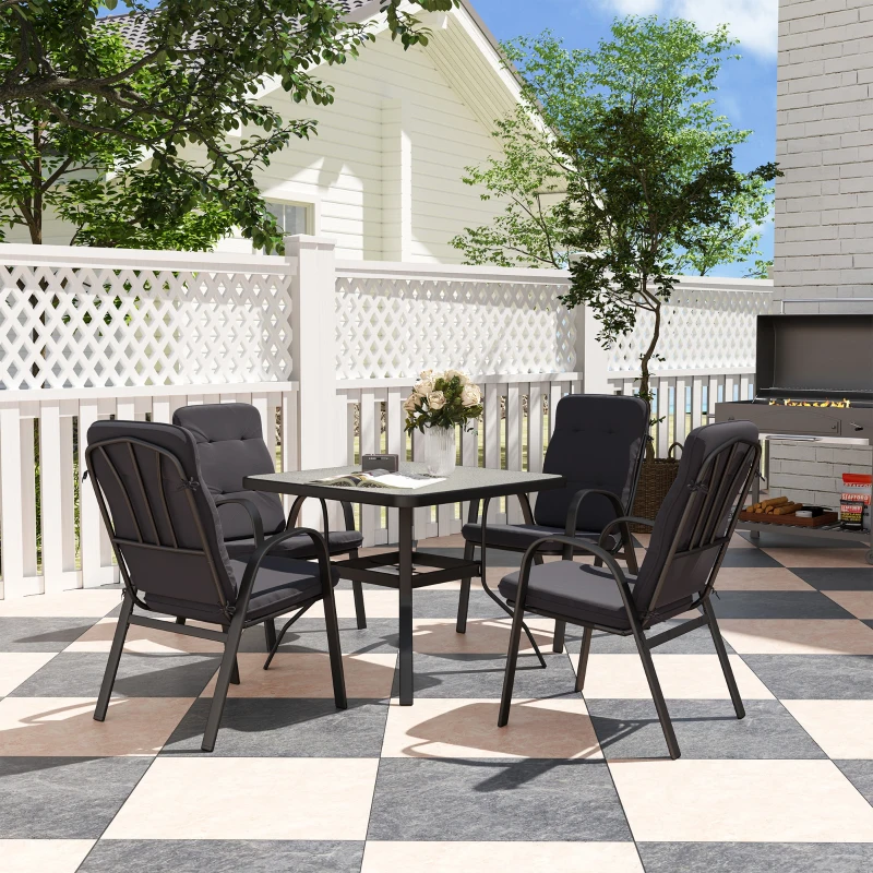 Outsunny 5 Pieces Outdoor Square Garden Dining Set w/ Tempered Glass Dining Table 4 Cushioned Armchairs, Umbrella Hole, Black