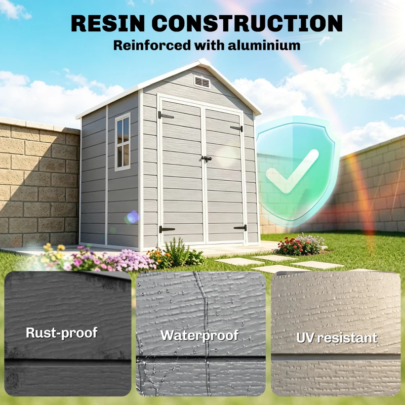 Outsunny 6 x 5ft Garden Shed, Plastic Shed with Floor, Window, Lockable Doors and Vents, Wood Effect Resin Tool Shed for Outdoor Patio, Light Grey