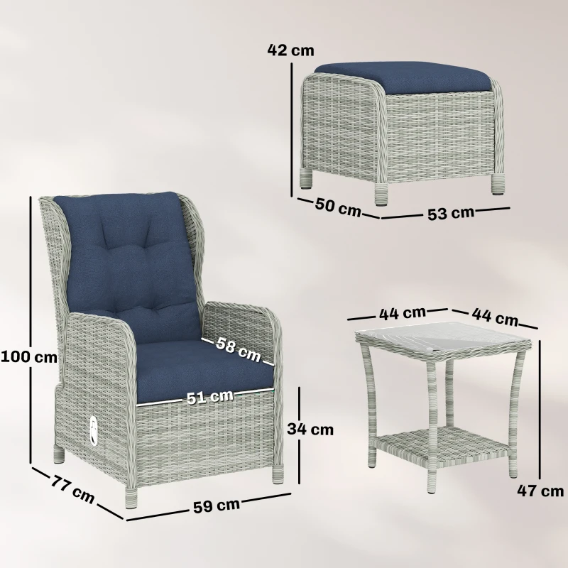Outsunny 5 Piece Garden Furniture Set, Rattan Reclining Garden Chair Set of 2 with Footstool and Cushion for Balcony, Dark Blue