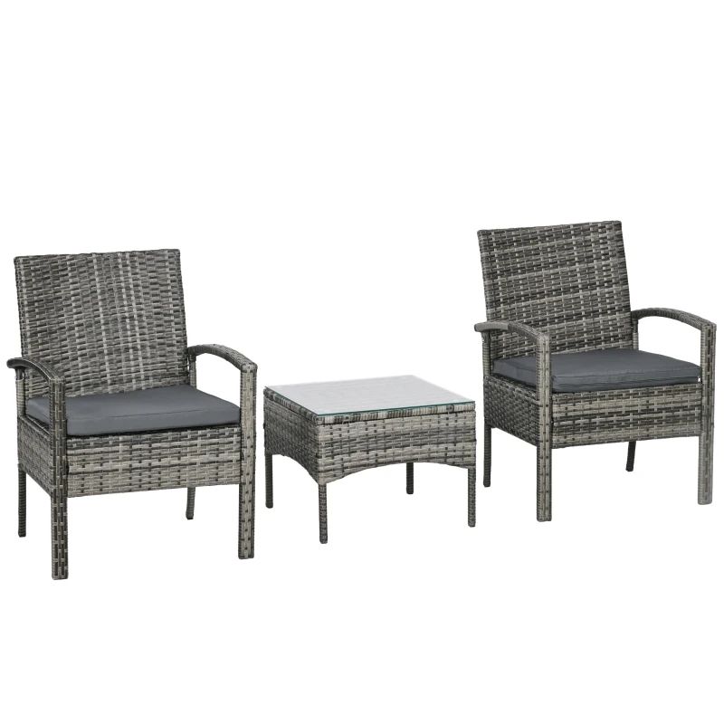 Outsunny 3 Pieces Rattan Bistro Set, Wicker Garden Furniture Set with Glass Top Coffee Table and Chairs, Washable Cushions for Outdoor, Patio, Balcony, Mixed Grey
