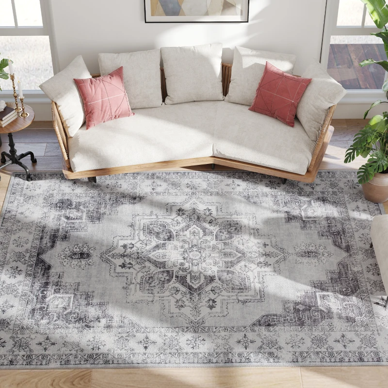 HOMCOM Vintage Area Rug, Non-Slip Washable Rug, Flannel Floor Carpet for Living Room, Bedroom, Dining Room, Home Office, 290 x 200 cm, Grey