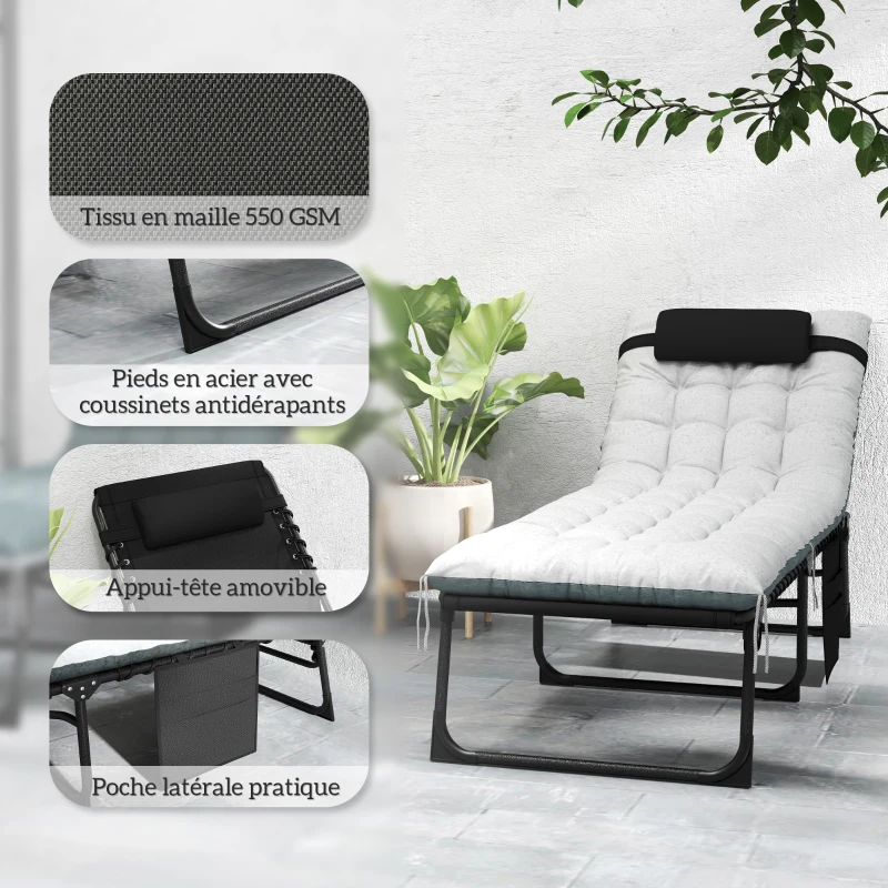 Outsunny Lot de 2 bains de soleil, chaise longue pliante et inclinable, coussin, appui-tête, poche latérale, 60x190x31cm, gris