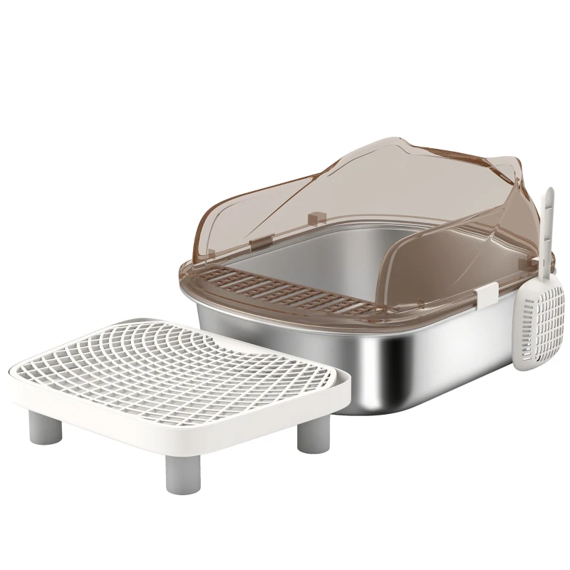 PawHut Stainless Steel Litter Box with Lid, High Wall Sided Enclosure, Pedal, Scoop, Non-Sticky, Anti-Leakage, Easy Cleaning