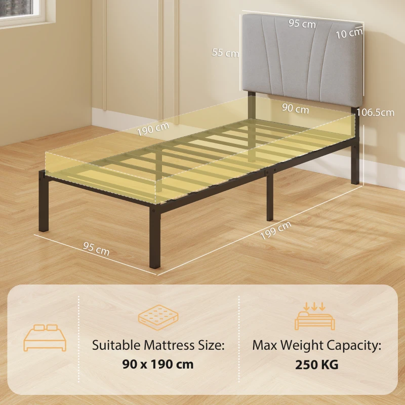 HOMCOM 3FT Single Bed Frame with Upholstered Headboard and Underbed Storage, Black and Light Grey