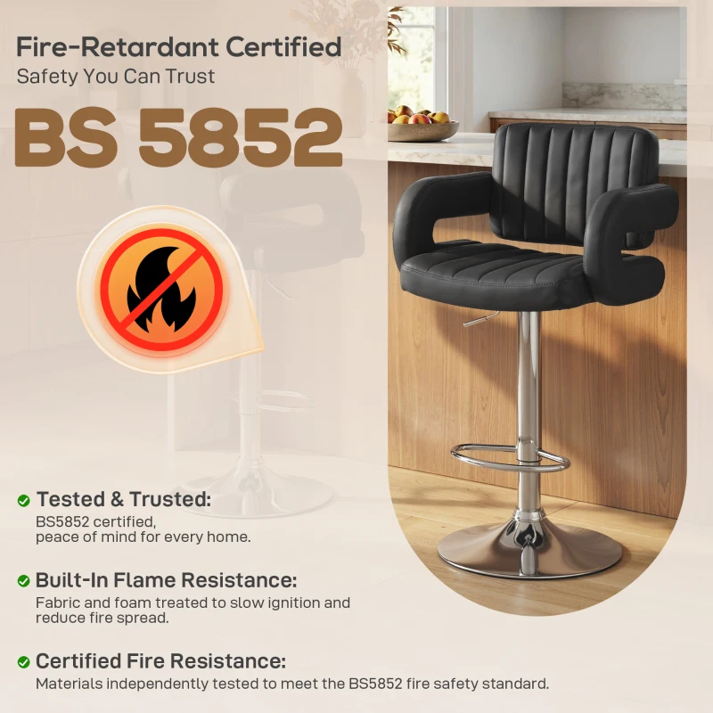 HOMCOM Bar Stools Adjustable Swivel Kitchen Chairs with Backrest Armrest Set of 2 PU Leather Black