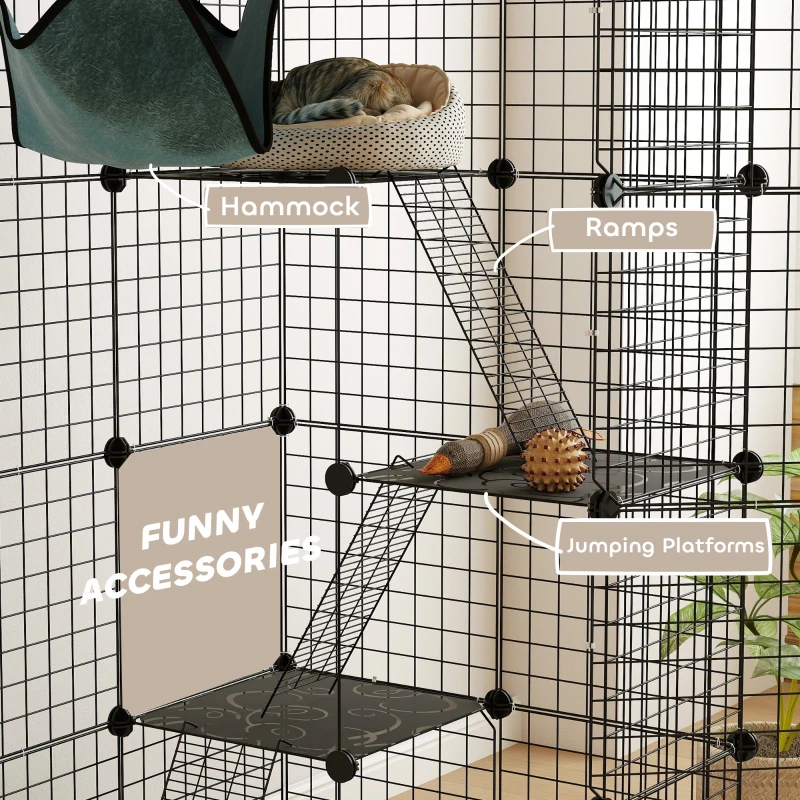 PawHut Four-Tier DIY Large Cat Cage with Hammock, Ramps, Five Doors, Indoor Use for 1-3 Cats, Black