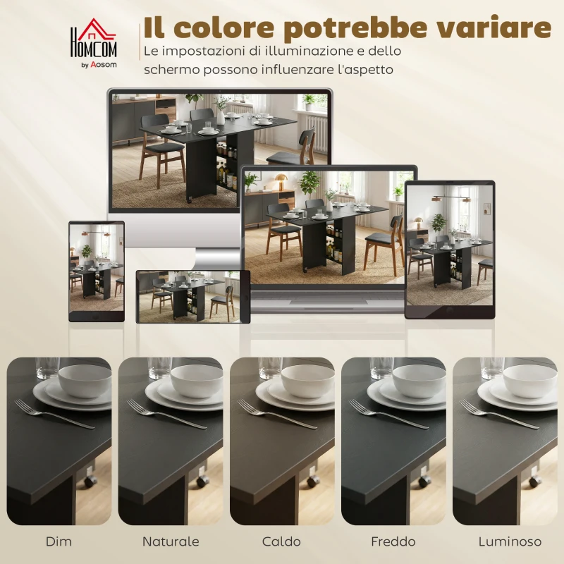 HOMCOM Tavolo Pieghevole in Legno per 4-6 Persone con Ruote, 75x140x74cm, Nero