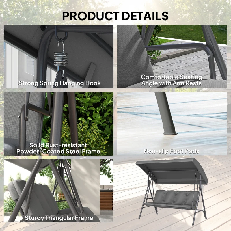 Outsunny 3 Seater Garden Swing Chair, Patio Rocking Bench with Tilting Canopy, Removable Cushion and Steel Frame, Dark Grey