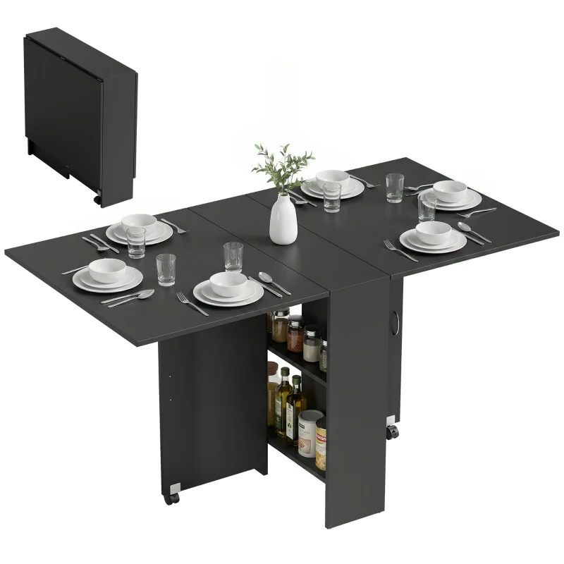HOMCOM Foldable Dining Table, Extendable Drop Leaf Table with 2-tier Shelves, Small Dinner Table with Rolling Casters