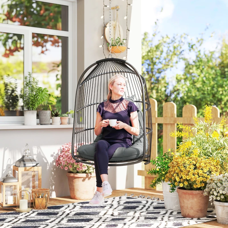 Outsunny Hanging Egg Chair, Foldable Rattan Garden Swing Chair with Installation Kit, Thickened Cushion and Headrest, Indoor Outdoor Hanging Egg Basket Seat for Patio, Porch, Dark Grey