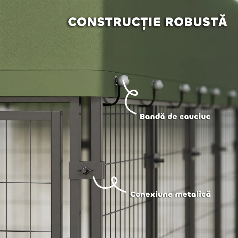PawHut Țarc pentru Câini de Exterior din Oțel cu Acoperiș din Material Oxford, Anti-UV, Impermeabil, 2 Boluri, Verde